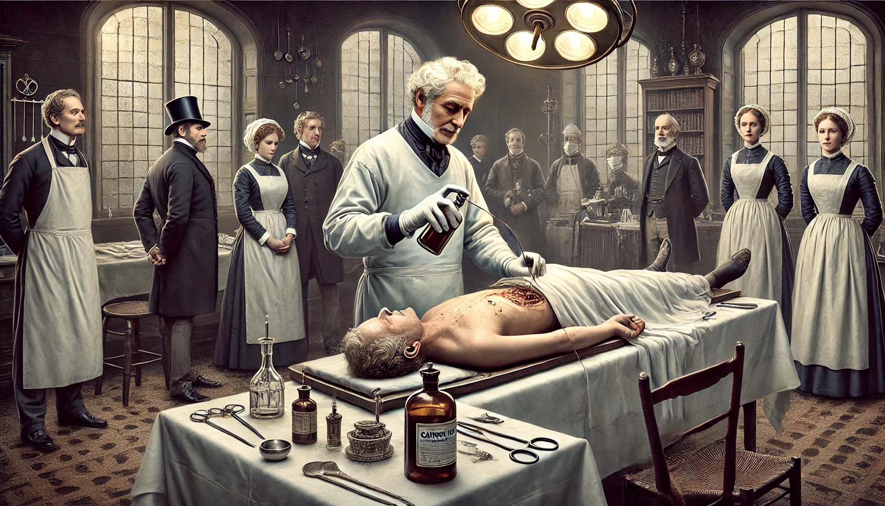 Ilustracja przedstawia Josepha Listera podczas demonstracji stosowania antyseptyk&oacute;w w XIX-wiecznej sali operacyjnej. Widać, jak mężczyzna - lekarz podaje ciecz bezpośrednio na ranę pacjenta. Przypatrują się temu postacie kobiet i mężczyzn.